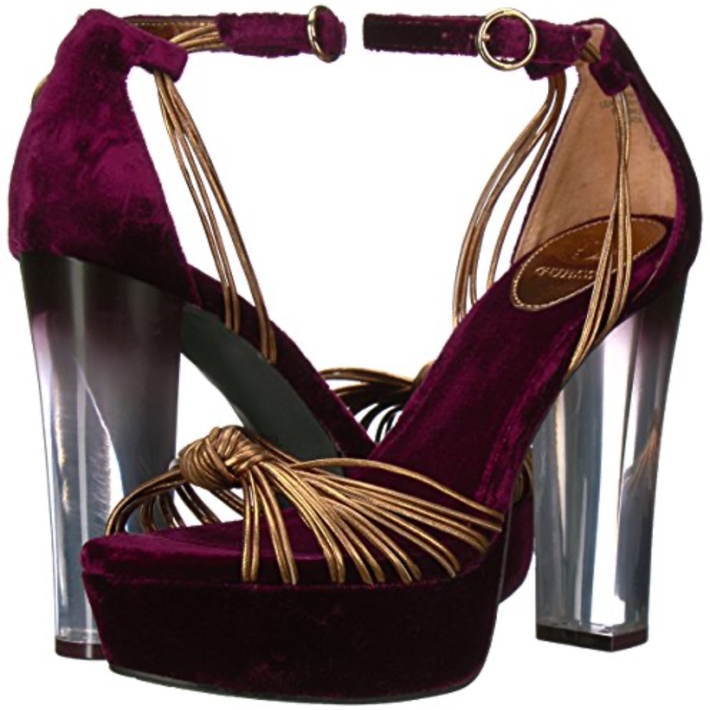 Guess Burgundy Velvet Bronze Gold Leather Peekaboo Ombré Platform Heels (Size 6) - Picture 2 of 9
